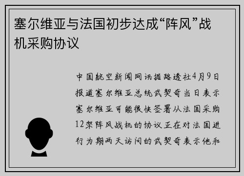 塞尔维亚与法国初步达成“阵风”战机采购协议