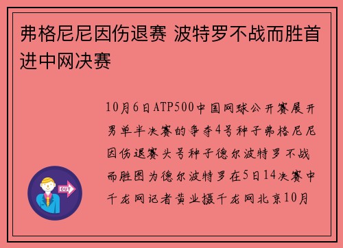 弗格尼尼因伤退赛 波特罗不战而胜首进中网决赛