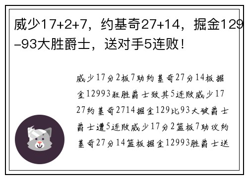 威少17+2+7，约基奇27+14，掘金129-93大胜爵士，送对手5连败！
