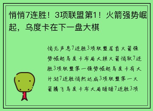 悄悄7连胜！3项联盟第1！火箭强势崛起，乌度卡在下一盘大棋