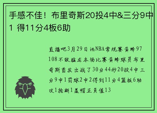 手感不佳！布里奇斯20投4中&三分9中1 得11分4板6助