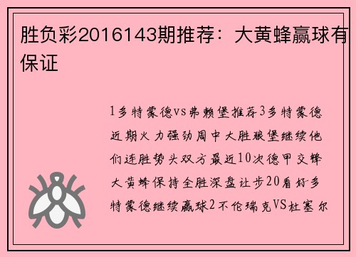 胜负彩2016143期推荐：大黄蜂赢球有保证