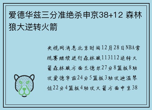 爱德华兹三分准绝杀申京38+12 森林狼大逆转火箭
